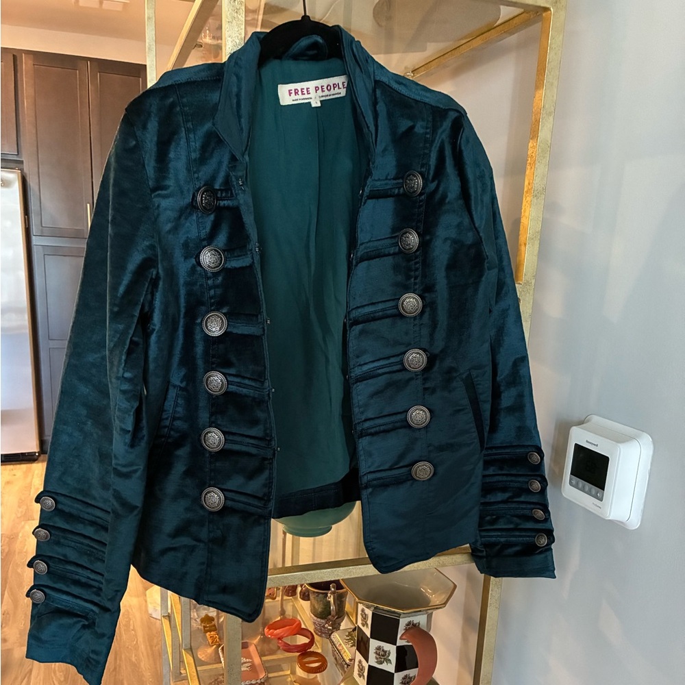 Free People Velvet Military Style Jacket in Teal